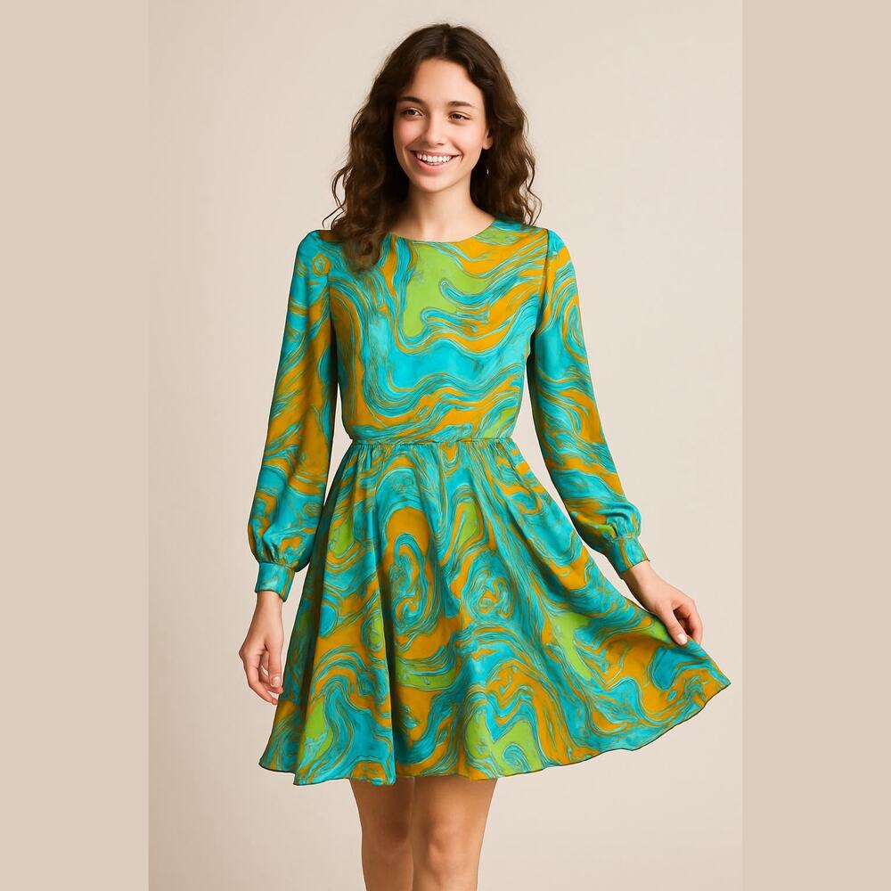 Rare Leo Narducci designer 1960s vibrant marble print dress sz L retro couture